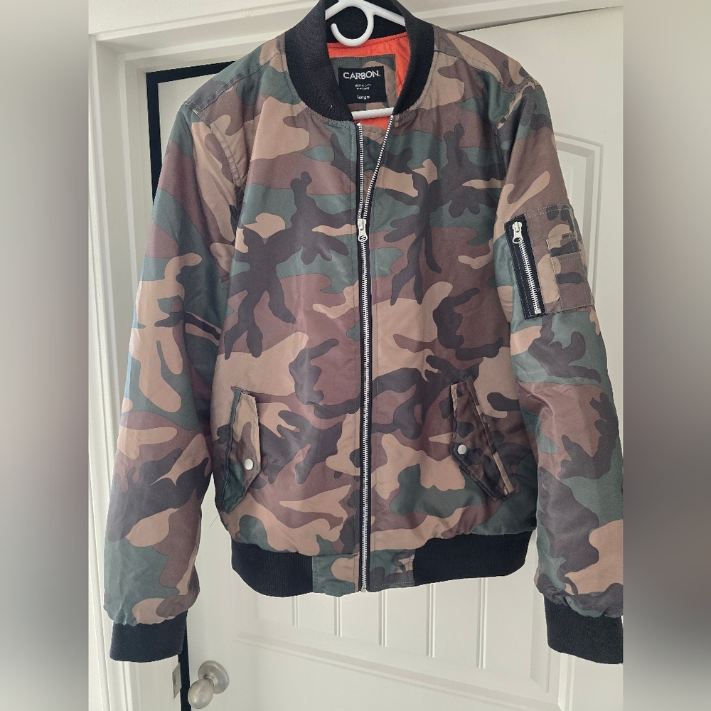 Carbon Green and Brown Tribcolor Camo Bomber Jacket.